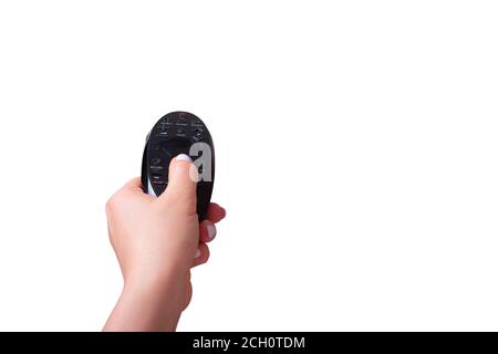 hand with a Remote Control TV. isolated on white background. tv control concept Stock Photo