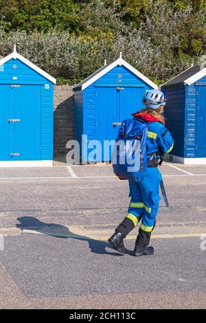 Bournemouth, Dorset UK. 13th September 2020. Search and rescue coastguards seen searching at Bournemouth beach with helicopter flying overhead. Credit: Carolyn Jenkins/Alamy Live News Stock Photo