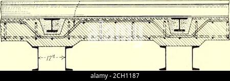. Electric railway journal . SHEET METAL ENCASED FORMS FOR TIE POCKETS floor, two 9-in., 15-lb. channels placed 12 in. back toback were provided at 4 ft. V^-in. intervals as trans-verse stringers to carry the track loads. Over theseand the bridge stringers a heavily reinforced 7V2-m.concrete slab floor was laid. In order to provide ananchorage for the channels, pockets were cast in theconcrete. These pockets were 6 in. wide on the bot-tom, 10 in. wide at the top and 6 ft. 10 in. long. Theforms used for this purpose are shown in the photo-graph reproduced above. The entire pocket was ^ Bars ben