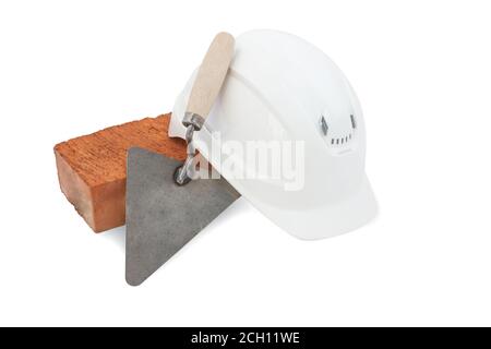 Bricklayer tools. Mason tools - Trowel, bricks and white hardhat isolated on white background Stock Photo