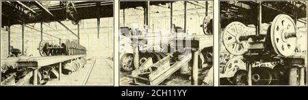 . Electric railway journal . The Supply Car Which Visits All Carhouses Once a Day August 6, 1921 Electric Railway Journal 195. THE WHEEL AND AXLE STORAGE AND LOADING PLATFORM ALONGSIDE THE SUPPLY CAR TRACKAt left—General view of the platform. In center—The lift in position ready to be loaded.At right—Wheels and axles raised and ready to roll along the platform. in the carhouses. Thus the armatures are handled fromthe carhouses to the winding stands and returned to thepit jacks in the carhouses without running any chancesof being damaged by being rolled over floors. A loading platform for wheel Stock Photo