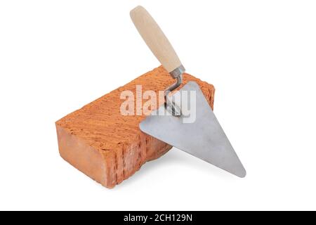 Mason tools. Brick and trowel isolated on white background. Concept of the construction. concept of the construction Stock Photo