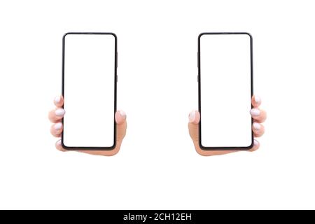 Woman's hand shows mobile smartphone with white screen in vertical position. Mock up mobile. isolated on white background. left and right options Stock Photo