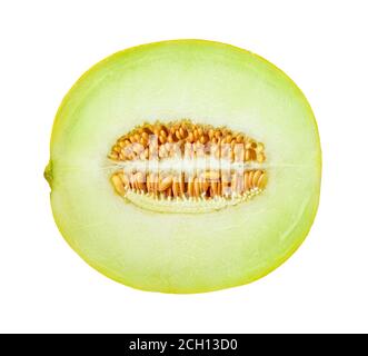Half of ripe melon with seeds isolated on white background. Sweet green uicy galia melon. Ingredient for fruit desserts. Vegetarian, raw food diet. Stock Photo
