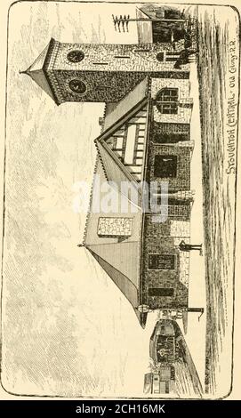 . Suburban homes on the 'Old Colony.' A directory for those who seek a suburban residence . DESIGN No. 504. By the Co-operative Building Plan Association, Architects. Size of structure : Front, including veranda, 36 ft.; side, 48 ft. Height of stories : Cellar, 7 ft.; tirst story, 9 ft., 6 in.; second story.9 ft.; attic, 8 ft. Materials: Foundations, stone and brick; first story, clapboarded;second story, shingled; roof, slate. Special features: The fireplace, seat and window under the stairsare attractive features of the hall. Sliding doors connect the principalrooms. Open fireplaces througho Stock Photo