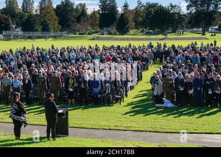 A crowd gathered for Anzac Day services in Memorial Park, Tauranga, New Zealand. April 25 2018 Stock Photo