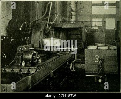 . Railway mechanical engineer . l when trued for this workgives a very efficient shearing effect against the face of thewheel, resulting in high production. Working on 12 in.diameter pulleys, 4 in. wide face, the average productiontime of two to three minutes per pulley, floor to floor, isreadily obtainable. The pulley grinding fixture, illustrated, consists of twounits, a plate with a vertical spindle and an electric motorwith reduction gearing. The vertical spindle is of suitablediameter to fit the hole in the hub of the pulley and a pin,serving as a driving dog is inserted between the spoke Stock Photo