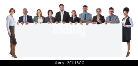 Business people group with blank banner isolated over white Stock Photo