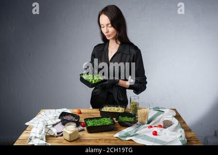 Packing microgreens in containers by woman in black clothes Stock Photo