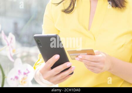 Woman hands holding credit card and smartphone, cell phone. Online shopping concept Stock Photo