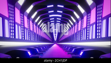 3d rendering bright sci-fi futuristic neon corridor with purple light effect. Stock Photo