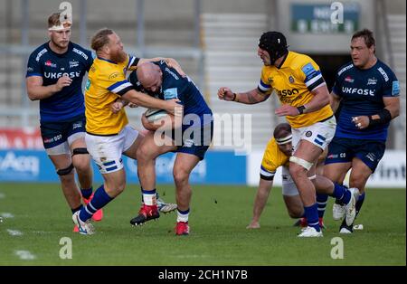 Sale, UK. 13th September 2020; AJ Bell Stadium, Salford, Lancashire, England; English Premiership Rugby, Sale Sharks versus Bath; Jake Cooper-Woolley of Sale Sharks is tackled by Bath Credit: Action Plus Sports Images/Alamy Live News Stock Photo