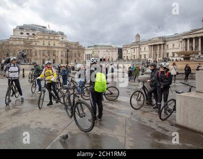 Group of cyclists seen ready to cycle from Trafalgar Square London UK. Stock Photo