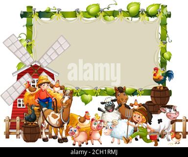 Blank green wood frame template with animal farm set isolated illustration Stock Vector