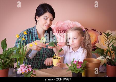 Cute child girl helps her mother to care for plants. Happy family on a studio. Stock Photo