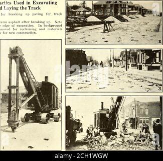 . Electric railway journal . 122 Electric Railway Journal Vol. 58, No. 4 Aggressive Tactics Used in Excavatingfor and Laying the Track 1. Machine used for breaking up paving for trackexcavation. 2. Appearance of warm asphalt after breaking up. Notechiseled line marking edge of excavation. In backgroundasphalt has been removed for reclaiming and materialsstored along trackway for new construction. 3. A better ex-ample of how thebreaker leaves thepaving. 4. Steam shoveldigging excavationfor track and load-ing paving andearth into motortrucks. 5. The heavyclay soil encoun-tered necessitatesspecia Stock Photo