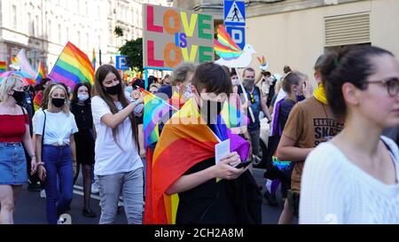 KATOWICE/ Poland - September 7, 2020: LGBT equality march. Young people wearing rainbow clothes are fighting for LGBTQ+ rights. Demonstration during c Stock Photo