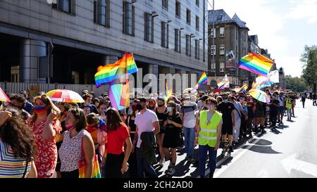 KATOWICE/ Poland - September 7, 2020: LGBT equality march. Young people wearing rainbow clothes are fighting for LGBTQ+ rights. Demonstration during c Stock Photo