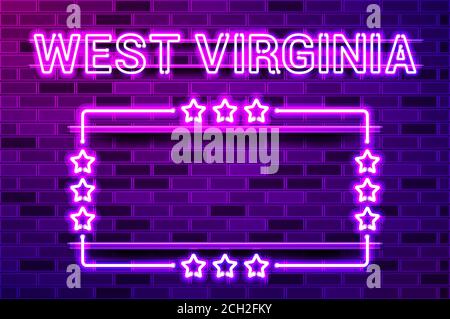West Virginia US State glowing purple neon lettering and a rectangular frame with stars. Realistic vector illustration. Purple brick wall, violet glow Stock Vector