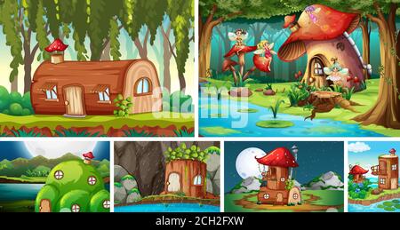 Six different scene of fantasy world with beautiful fairies in the fairy tale illustration Stock Vector