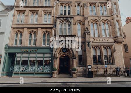 Oxford, UK - August 04, 2020: Facade of The Ivy restaurant in Oxford, a city in England famous for its prestigious university, established in the 12th