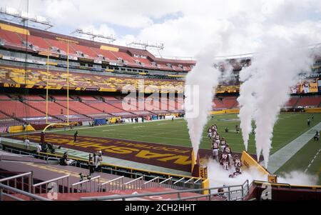 Landover, Maryland, USA. October 4, 2020: An almost empty FedEx field  before kickoff of the NFL Game between the Baltimore Ravens and Washington  Football Team at FedEx Field in Landover, Maryland Photographer: