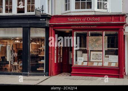 Oxford, UK - August 04, 2020: Exterior of Sanders of Oxford maps and antiques shop in Oxford, a city in England famous for its prestigious university.