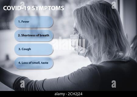 Covid-19 symptoms template. Lonely woman in a quarantine with a disposable protective face mask looks sadly out of the window. Stock Photo