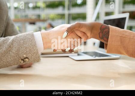 Handshake of young intercultural business partners over table after making deal Stock Photo