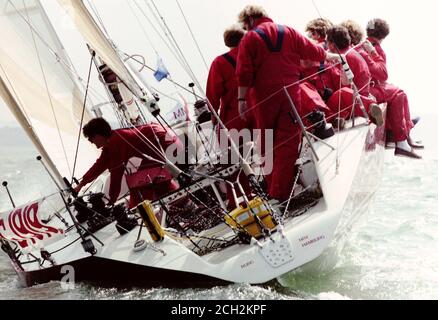 AJAXNETPHOTO. 31ST JULY, 1987. SOLENT, ENGLAND. - ADMIRAL'S CUP 1987 - CHANNEL RACE START. GERMAN TEAM YACHT SAUDADE; SKIPPER ALBERT BUELL; PHOTO : JONATHAN EASTLAND / AJAX  REF:ADC CR87 115 Stock Photo