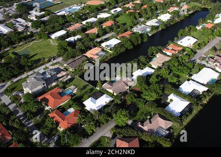 Archival September 2005 aerial view of suburban waterfront houses in Miami, Florida. Stock Photo