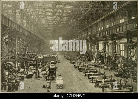 . American engineer and railroad journal . le work. Two 1,000-lb. pneumatic cylinder bracket craneshandle work to the millers, and planers and truck wheel tires.A 1,000-lb. pneumatic jib crane serves the axle box work, anda 4-ton pneumatic cylinder hand travelling crane is locatedover the lye cleaning tank. Special care was taken to planthe shop for convenience in handling material, which is amatter of great importance in a plant of this size. By referring to the floor plan, the departments beginningat the east end of the machine floor are as follows: The wheelshop, including the tire setting, Stock Photo