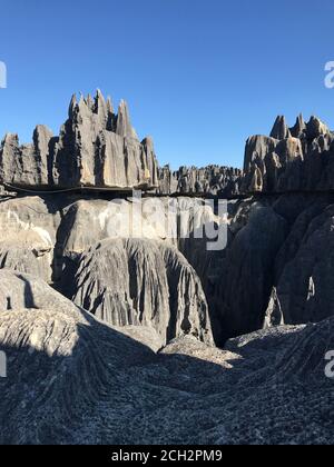 Tsingy de Bemaraha nature reserve in Madagascar. Incredible landscape of national park Tsingy. View on Stone Forest. Limestone rocks. Rocky labyrinth. Stock Photo