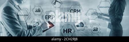 Erp Crm Hr Innovation inscriptions and icons on business background. Stock Photo