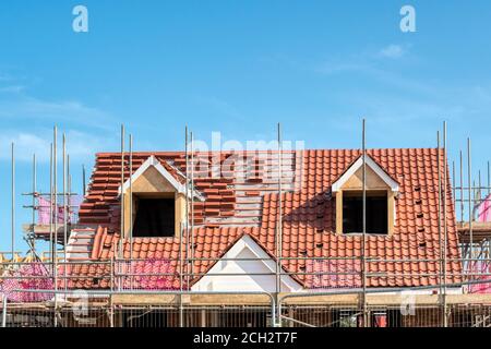 Scaffold poles surrounding the partly tiled roof with dormer windows of a new bungalow being built, against a blue sky. Stock Photo