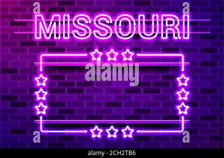 Missouri US State glowing purple neon lettering and a rectangular frame with stars. Realistic vector illustration. Purple brick wall, violet glow, met Stock Vector