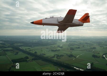 A classic fighter aircraft flying. CASA C-101 Aviojet. Stock Photo