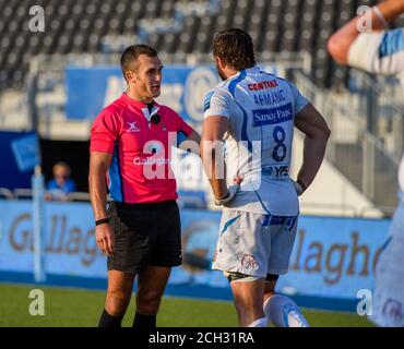 LONDON, UNITED KINGDOM. 13th, Sep 2020. Referee: Adam Leal (5th Premiership game) talks to Don Armand Exeter Chiefs (right) during Gallagher Premiership Rugby Match Round 20 between Saracens vs Exeter Chiefs at Allianz Park on Sunday, 13 September 2020. LONDON ENGLAND.  Credit: Taka G Wu/Alamy Live News Stock Photo