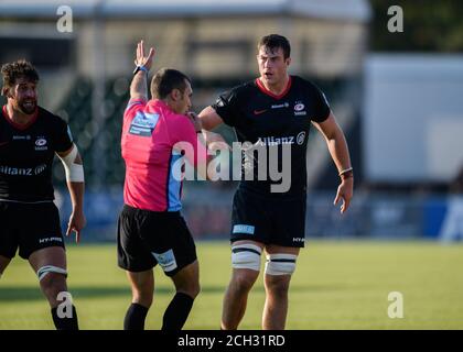 LONDON, UNITED KINGDOM. 13th, Sep 2020. Calum Hunter-Hill of Saracens shouts to Referee: Adam Leal (5th Premiership game) (left) during Gallagher Premiership Rugby Match Round 20 between Saracens vs Exeter Chiefs at Allianz Park on Sunday, 13 September 2020. LONDON ENGLAND.  Credit: Taka G Wu/Alamy Live News Stock Photo