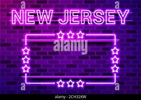 New Jersey US State glowing purple neon lettering and a rectangular frame with stars. Realistic vector illustration. Purple brick wall, violet glow, m Stock Vector