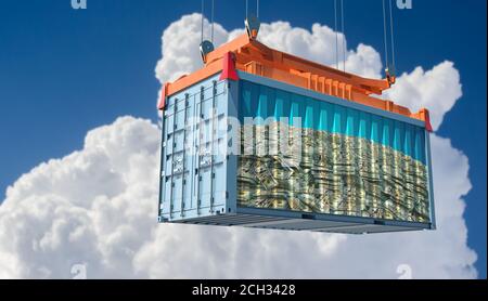 Cargo container with big pile of cash on the site panel. 3D Rendering Stock Photo