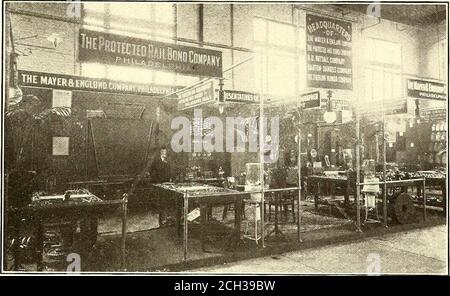 . The Street railway journal . TWO VIEWS OF EXHIBITS OF MAYER & ENGLUND COMPANY (Included in the Mayer & Englurid group were the exhibits of the Protected Rail Bond Company, R. D. Nuttall Company, Garton-Daniels Company, Sterling Varnish Company and Duff Manufacturing Company) Stock Photo