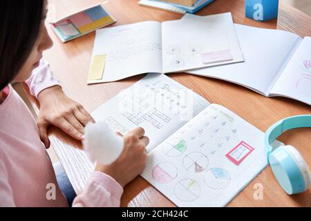 Indian latin school girl pupil studying at home sitting at desk, over shoulder. Stock Photo