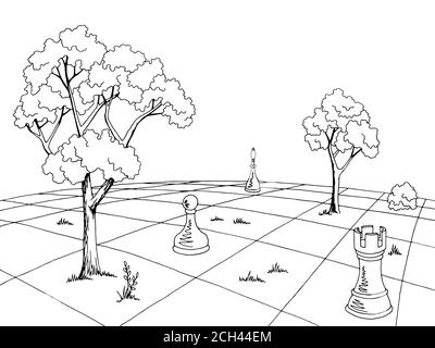 Chess landscape graphic black white sketch illustration vector Stock Vector