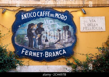 ntico Caffe' del Moro (Ancient Moro Cafè) in Via della Pelliccia (Pelliccia Street). This Vintage Sign Promotes the Traditional Fernet-Branca Liquor Stock Photo