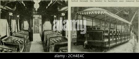 . Electric railway review . Pacific Electric Rolling Stock—Details of Platform Beams. is of a box section at the end which fits the space between with swing bolsters, and the motors are inside hung. An illu&gt;-the two sills. It will be noted that the platform beam is de- tration of the bolster is presented. It consists of two 10-inchsigned with a contour so that it can be bolted to a snug ri^ 1.5-pound channel irons, with riveted top and bottom plates % by 7 inches. The center plates and side bearings arebolted through the bolster to facilitate easy removal for. Pacific Electric Rolling Stoc Stock Photo