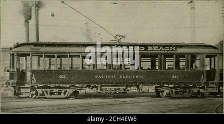 . Electric railway review . Pacific Electric Rolling Stock—Exterior of Private Car.. Pacific Electric Rolling Stock—Standard Passenger Coach. built as double and four trackLos Angeles. The number and types ofsystem are as follows: Express 13 Tower line cars 4 Material car 1 Wrecker 1 Work motors 12 Electric freight locomotive 1Straight passenger with motors 249 Combination smoking and passenger with motors. 52Combination smoking and passenger without motors 11 roadway in and radiating fromcars now operated over this Combination passenger andexpress 7 Combination mail and pas-senger 4 Private c Stock Photo