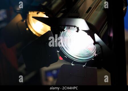 Barn doors spotlights with warm and cold light. Selective focus. Stock Photo