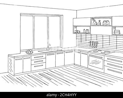 Kitchen room interior graphic black white sketch illustration vector Stock Vector