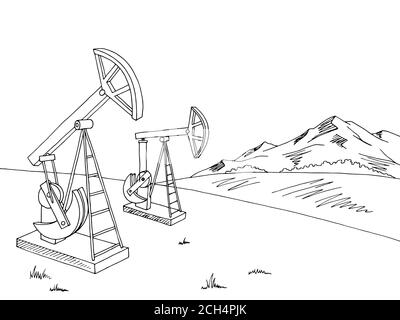 Oil extraction graphic black white landscape sketch illustration vector Stock Vector